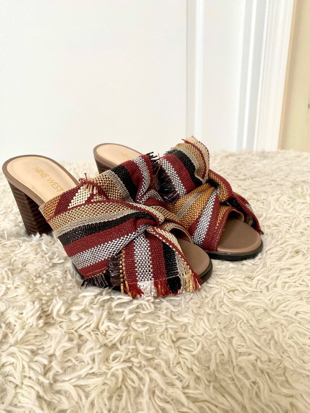 Nine West Byron Stripe Bow Heeled Slide Sandal Mules Size 5.5M